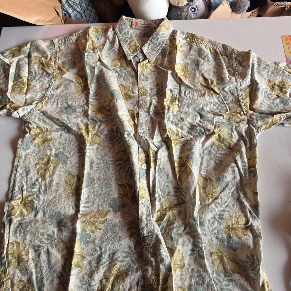 Paradise Island Mens XL Cotton Tropical Floral Leaf Button Up Shirt Sage Yellow